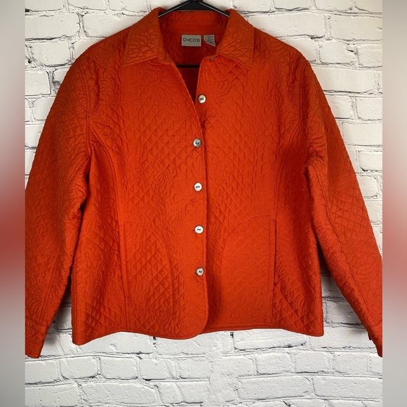 Chicos Quilted Embroidered Orange Jacket size Large - Picture 2 of 16